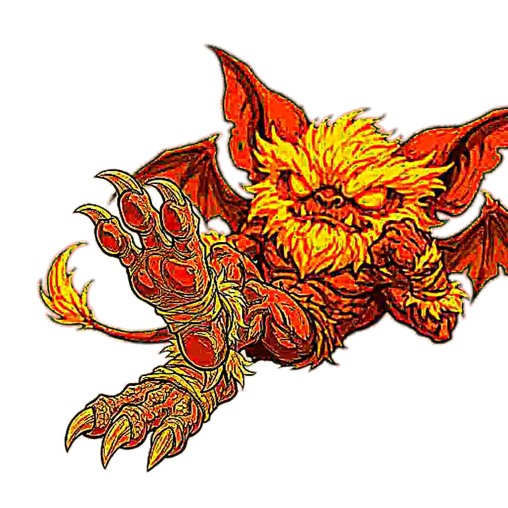 The same gargoyle, deep fried into oblivion: blown-out orange and red, crunchy JPEG artifacts everywhere, eyes glowing like a hazard light. He looks incredible and also like a warning.