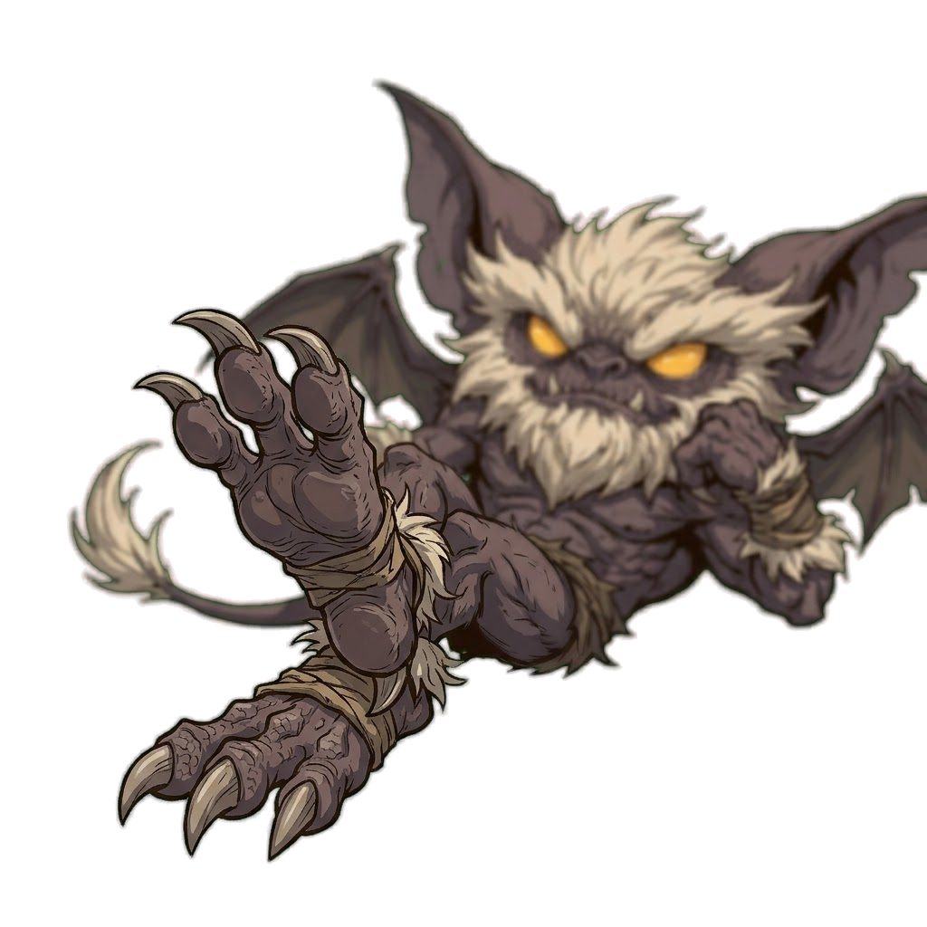 Bartholomew: a fuzzy grey gargoyle with molten orange eyes and folded bat wings, one enormous clawed hand reaching at the camera like he is three seconds from saying something unhinged.